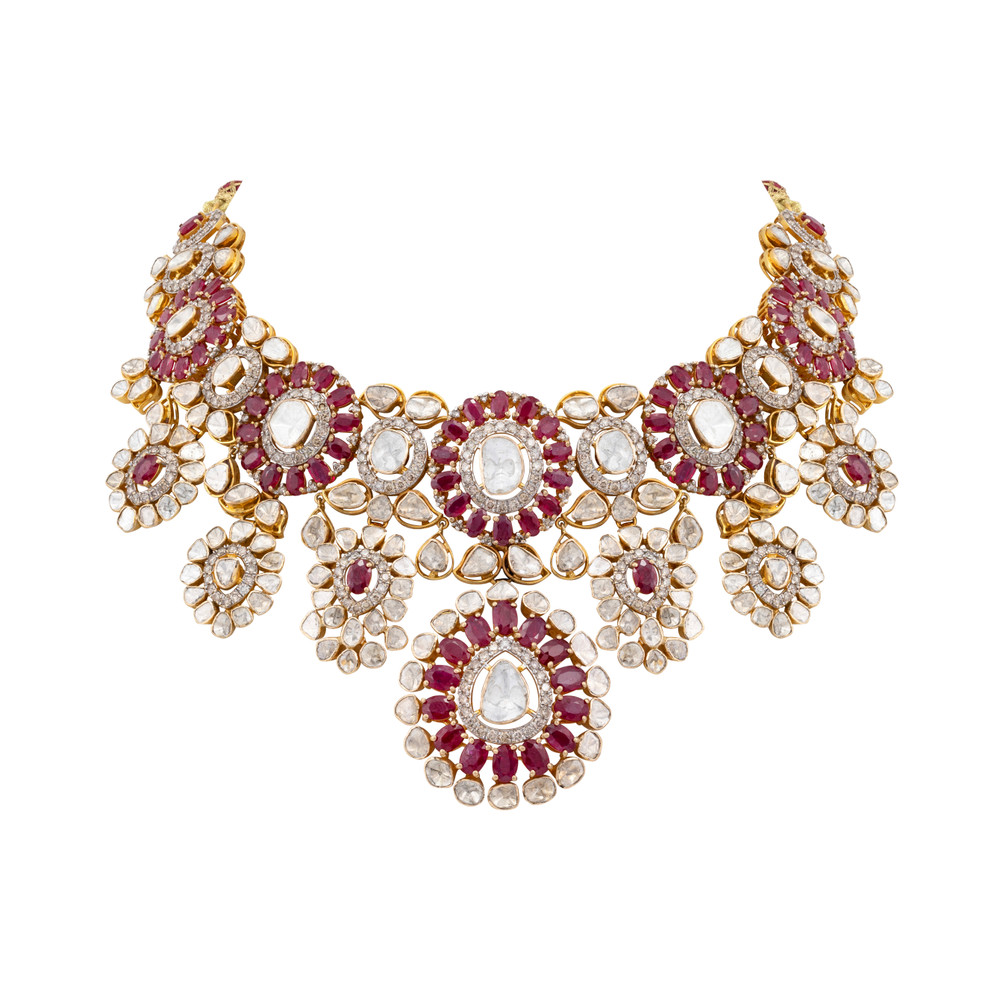 Ruby and Polki Floral Necklace with Diamond Accents